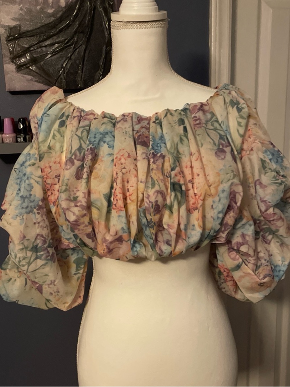 Floral Off-Shoulder Puff Sleeve Crop Top - Multicolor